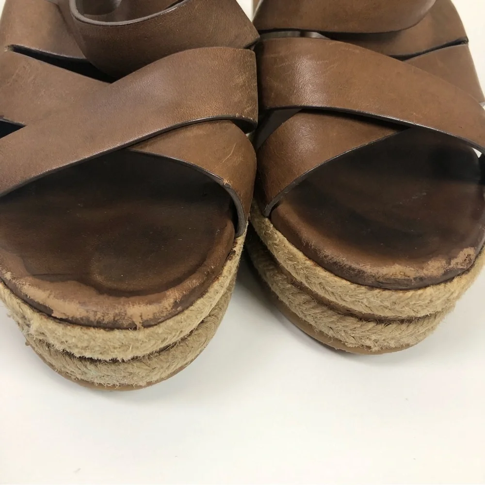 Jimmy Choo Cork Wedge 38 Heels Sandals Camel Brown Leather Strappy Shoes